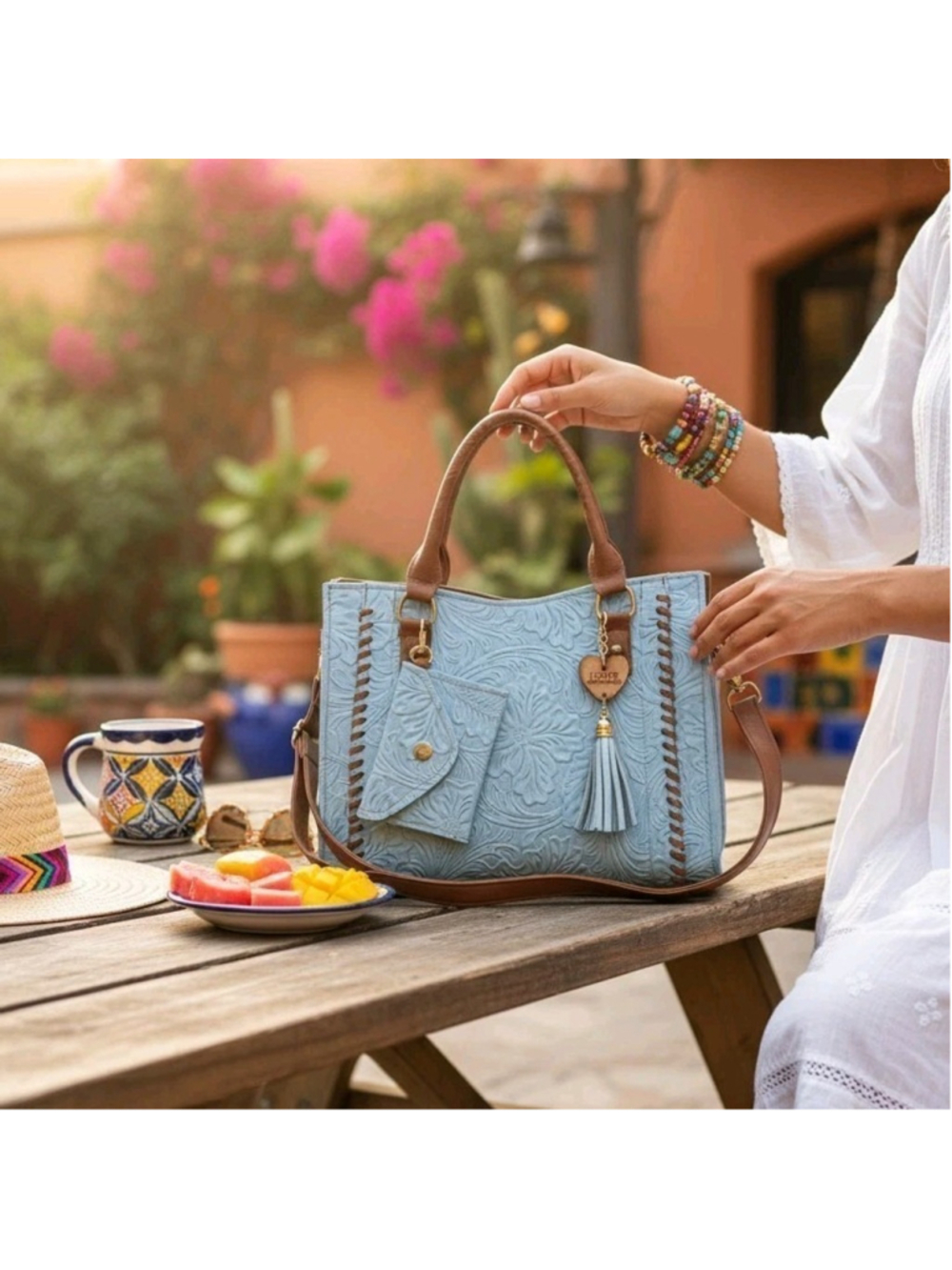 Baby Blue Brown FLORAL Cross Stitch Embossed Tooled Artisan LEATHER Purse Bag